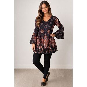 WinWin Boho Paisley Tunic Top Flare Sleeve Black S-M